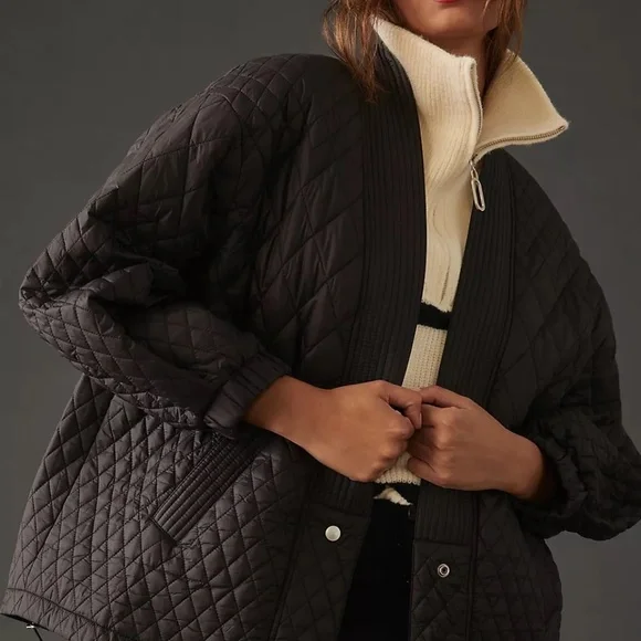 NWT Anthropology Woman Quilted Black Kimono Jacket OS Snap Front Style